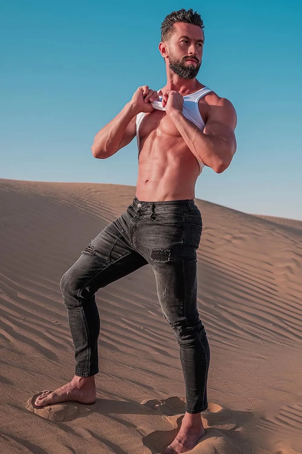 Men's Classic Slim Fit Stretchy Jeans for Men Skinny Flex Denim Pants Ripped Designer