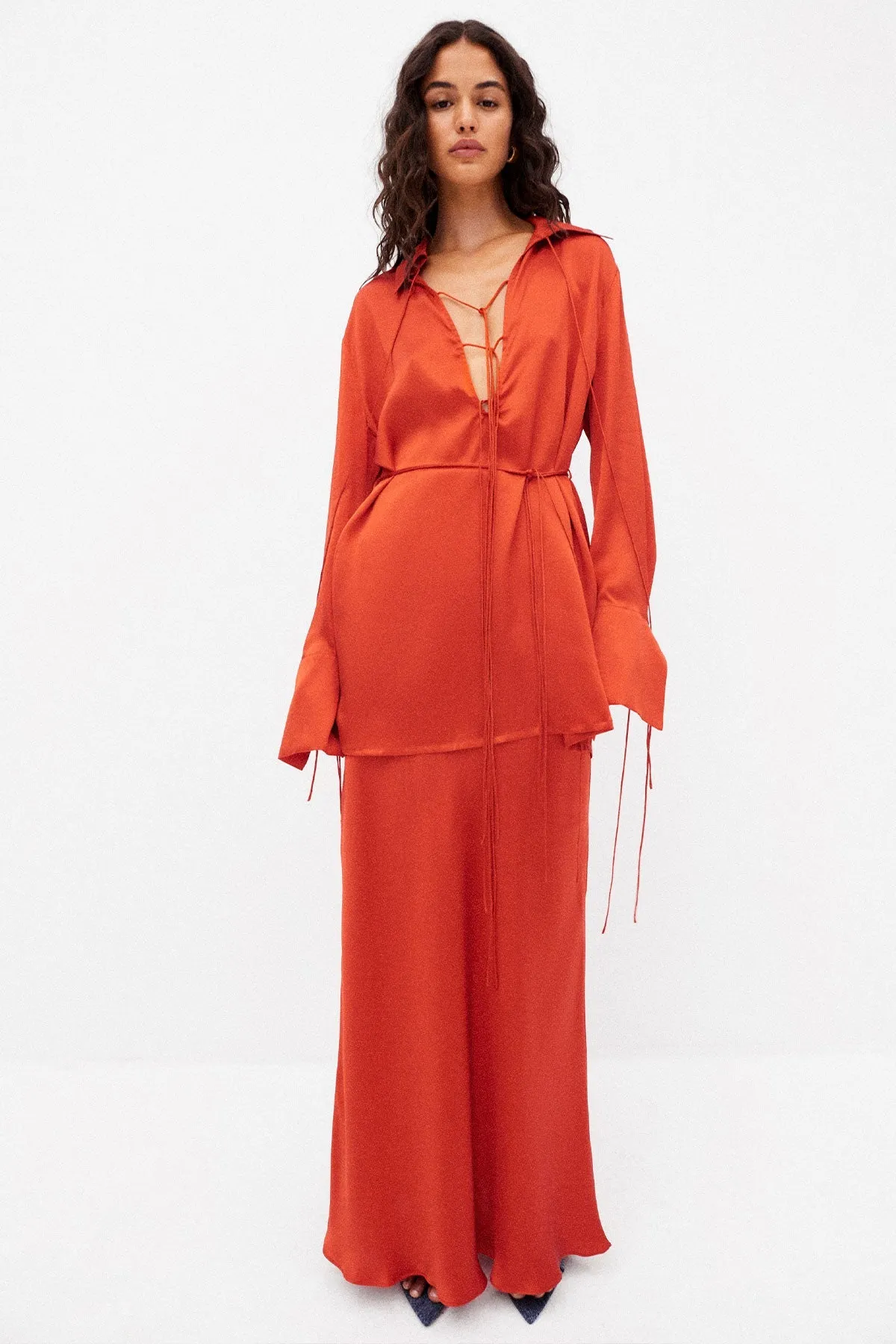 Milenna Chilli Red Silk Shirt Tie Mini Dress