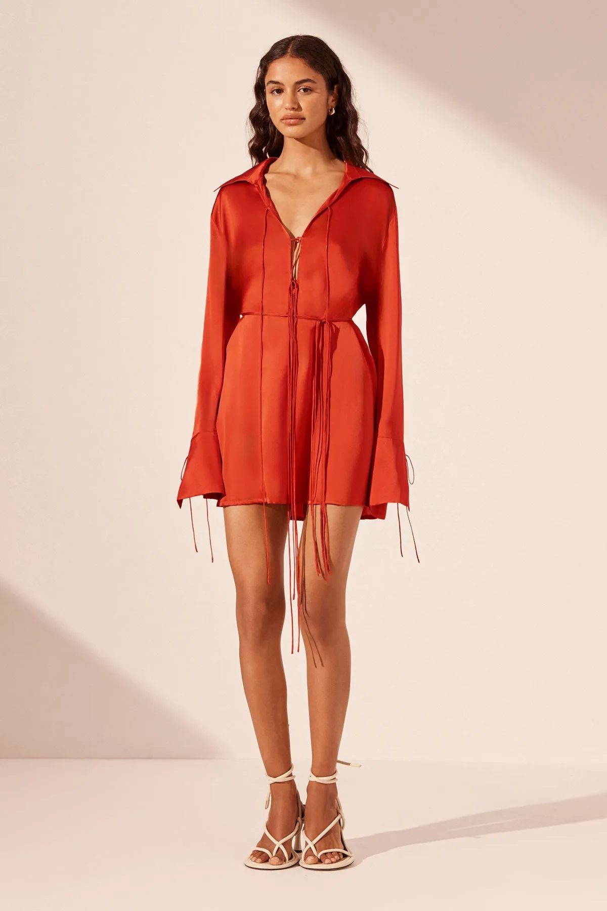Milenna Chilli Red Silk Shirt Tie Mini Dress