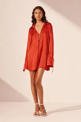 Milenna Chilli Red Silk Shirt Tie Mini Dress