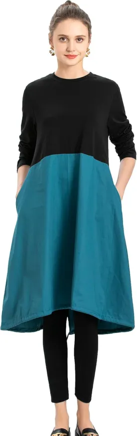 Minibee Women's Long Sleeve Dress Smocked Empire Waist Casual A-Line Flowy Tunic Shirt Dresses with Pockets