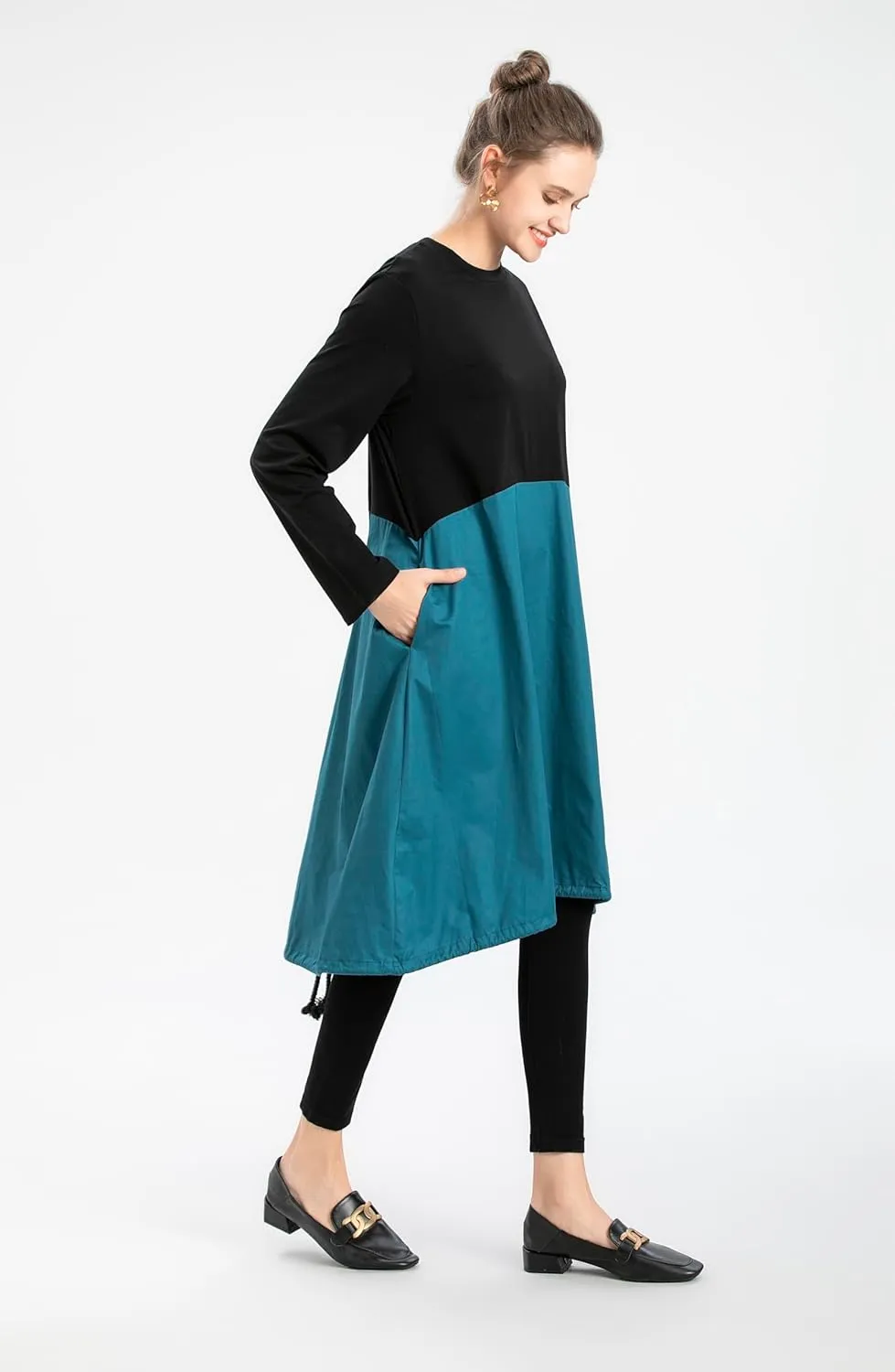 Minibee Women's Long Sleeve Dress Smocked Empire Waist Casual A-Line Flowy Tunic Shirt Dresses with Pockets