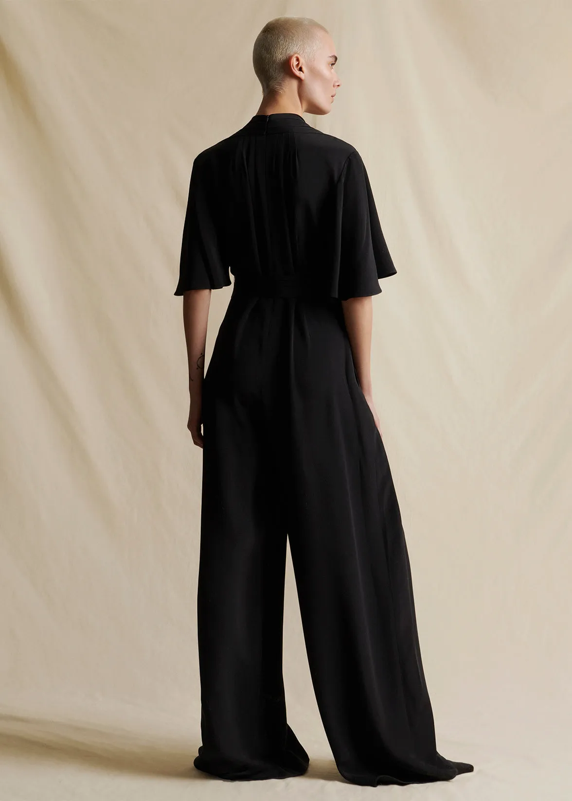Elegant Nancy Silk Crepe Jumpsuit with Sleeves