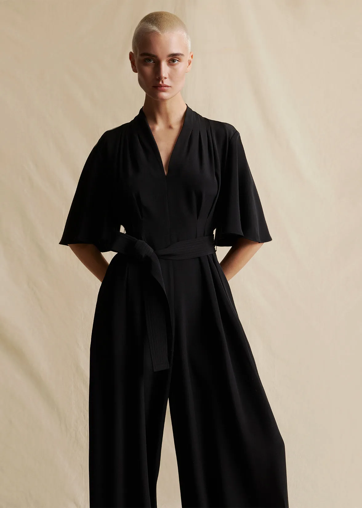 Elegant Nancy Silk Crepe Jumpsuit with Sleeves