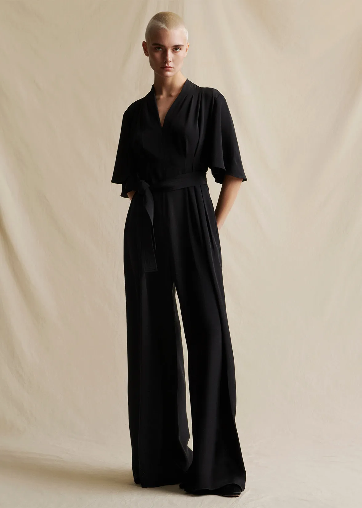 Elegant Nancy Silk Crepe Jumpsuit with Sleeves