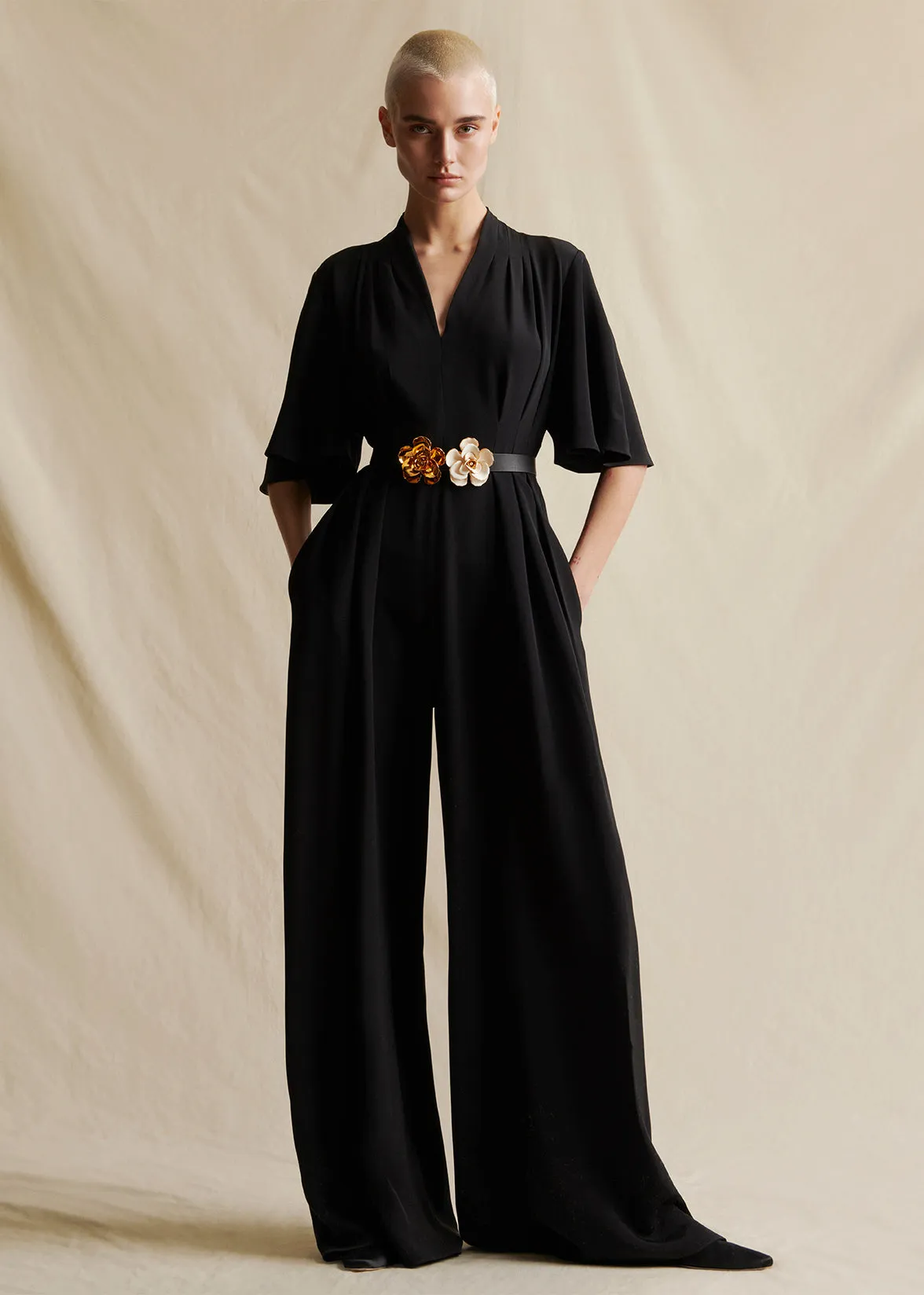 Elegant Nancy Silk Crepe Jumpsuit with Sleeves