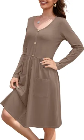 OUGES Women's V Neck Button Down Skater Dress with Pockets