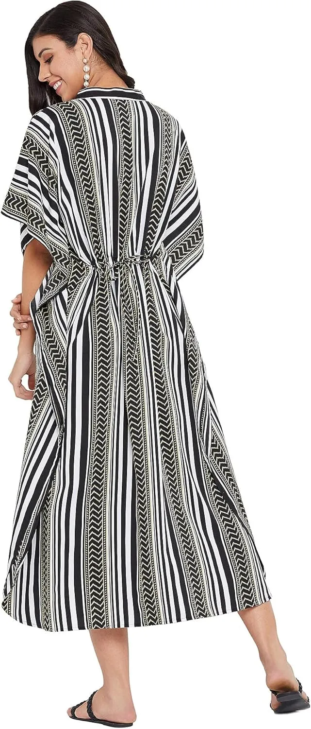 Oussum Kaftan Plus Size Women Dress Button Down Kimono Side Slit Maxi Dresses Two Side Pocket Caftan for Casual Wear