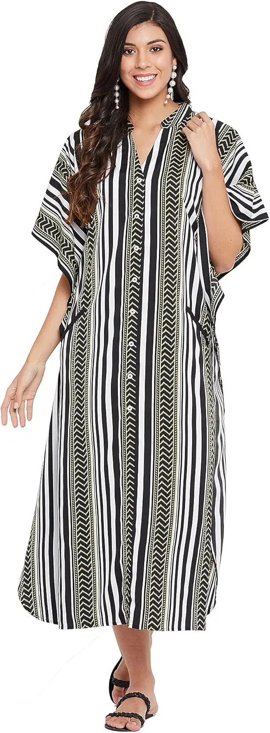 Oussum Kaftan Plus Size Women Dress Button Down Kimono Side Slit Maxi Dresses Two Side Pocket Caftan for Casual Wear