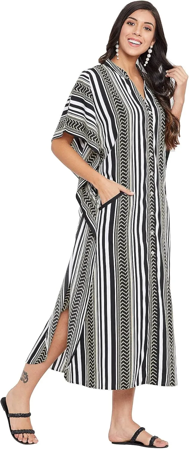 Oussum Kaftan Plus Size Women Dress Button Down Kimono Side Slit Maxi Dresses Two Side Pocket Caftan for Casual Wear