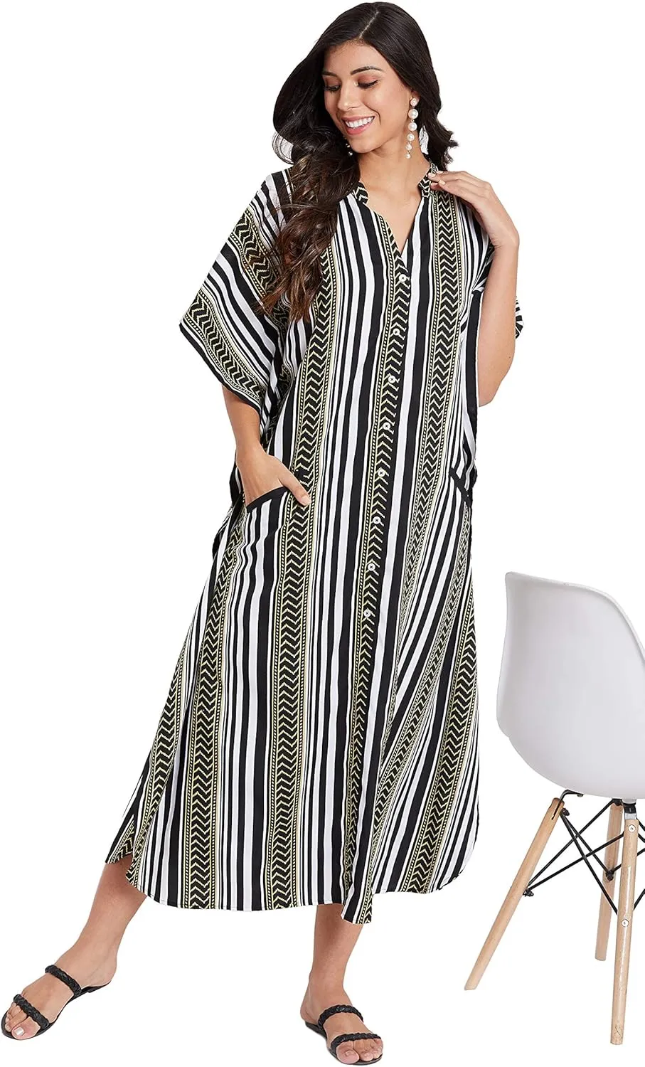 Oussum Kaftan Plus Size Women Dress Button Down Kimono Side Slit Maxi Dresses Two Side Pocket Caftan for Casual Wear