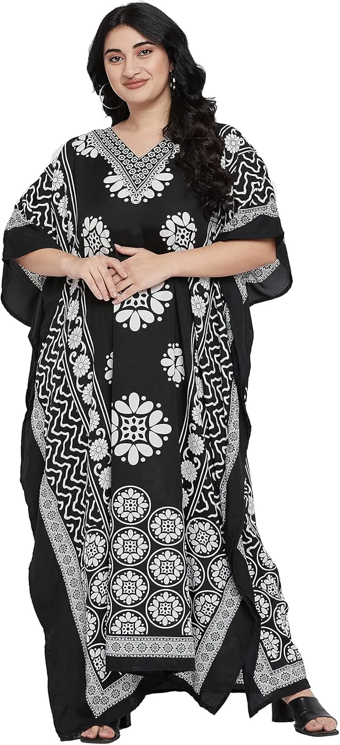 Oussum Women Polyester Casual Kaftan Long Plus Size Summer Beach Caftan Cover Ups Maxi Dresse for Ladies