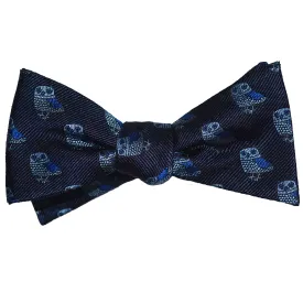 Owl Bow Tie - Blue on Navy, Woven Silk