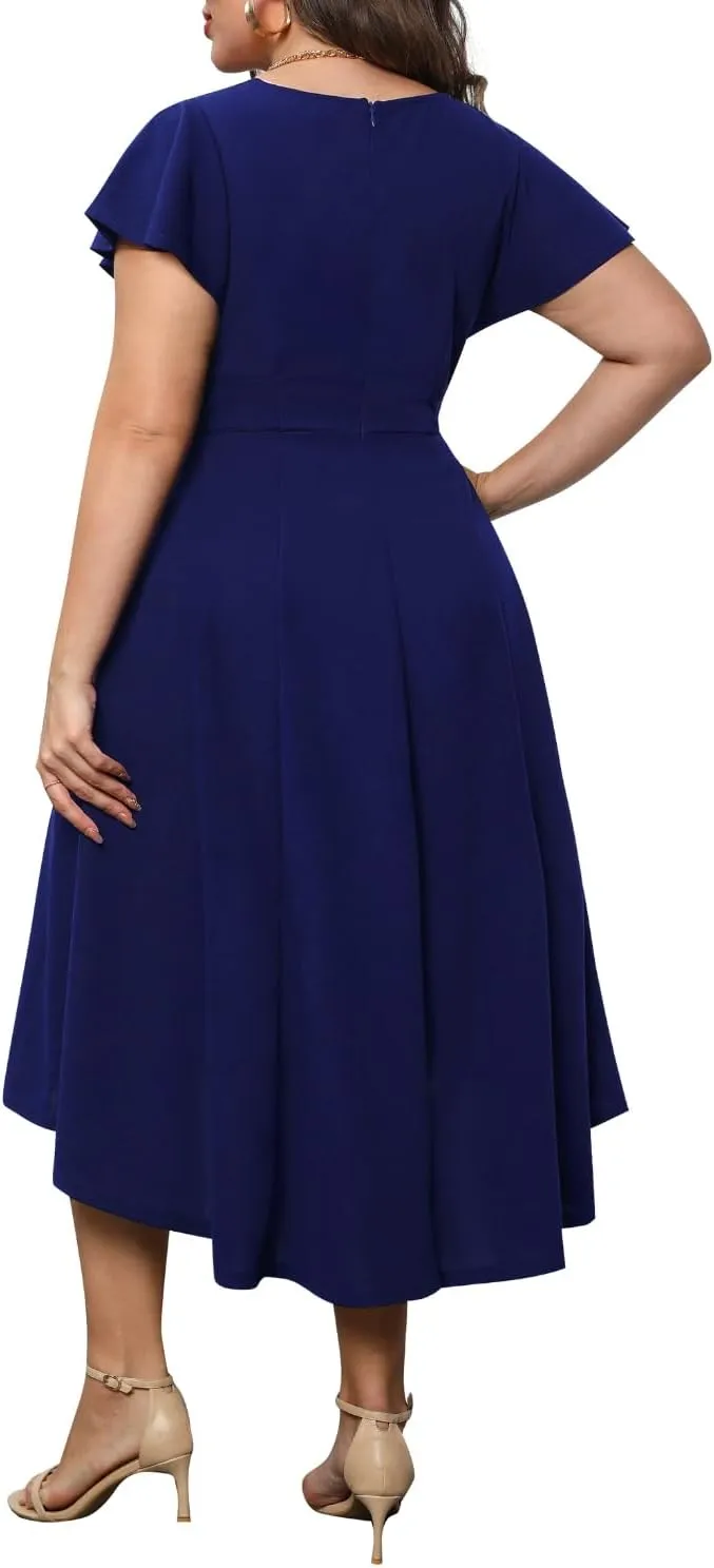 Pinup Fashion Plus Size Wedding Guest Dress Formal - Flutter Sleeve Cocktail Party High Low Dresses with Pockets