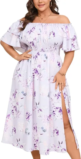 Plus Size Maxi Dress Off The Shoulder Ruffle Smocked Wedding Guest Cocktail Slit Hem Flowy Dresses for Curvy Women