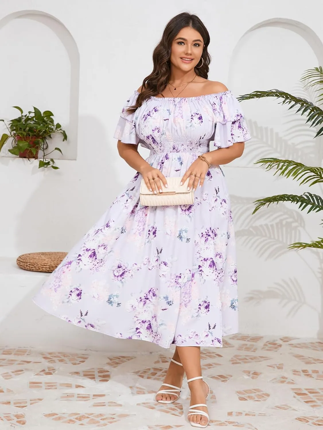 Plus Size Maxi Dress Off The Shoulder Ruffle Smocked Wedding Guest Cocktail Slit Hem Flowy Dresses for Curvy Women