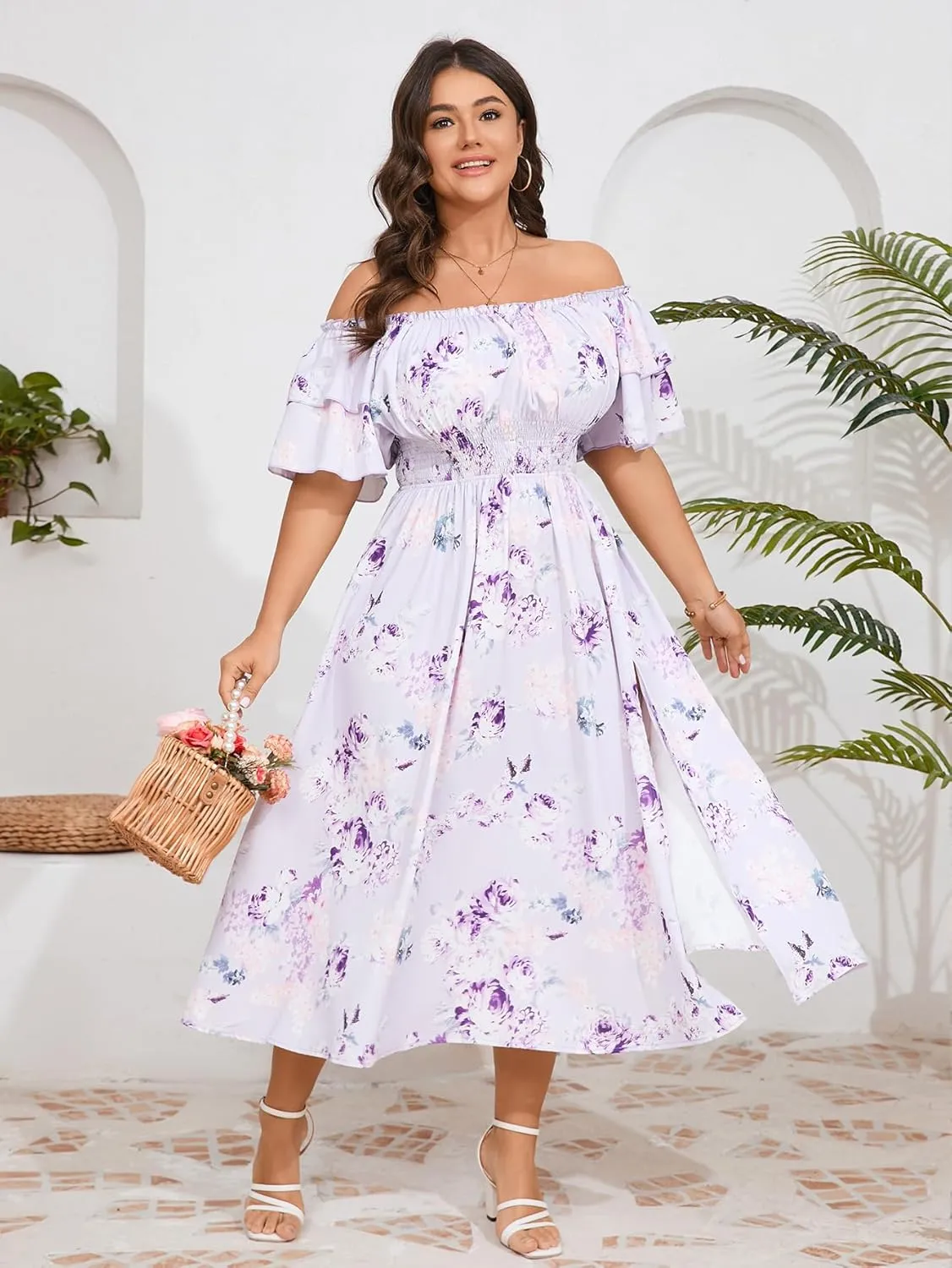 Plus Size Maxi Dress Off The Shoulder Ruffle Smocked Wedding Guest Cocktail Slit Hem Flowy Dresses for Curvy Women
