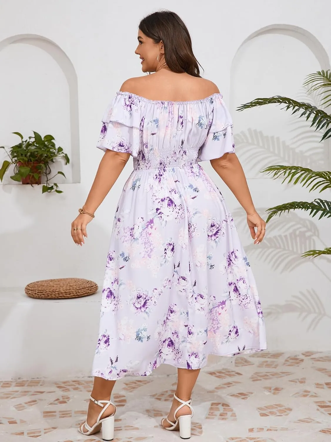 Plus Size Maxi Dress Off The Shoulder Ruffle Smocked Wedding Guest Cocktail Slit Hem Flowy Dresses for Curvy Women