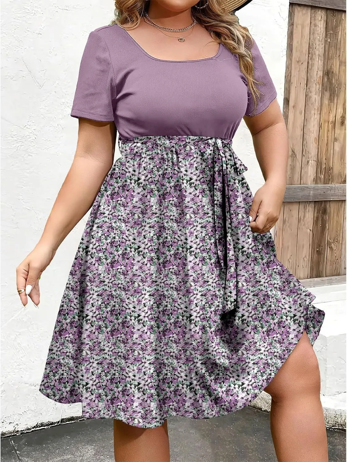 Plus Size Summer Dresses for Women Short Sleeve Empire Waist Semi Formal Floral Dress Midi Length Belted Sundresses
