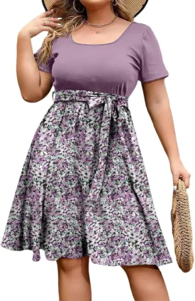 Plus Size Summer Dresses for Women Short Sleeve Empire Waist Semi Formal Floral Dress Midi Length Belted Sundresses