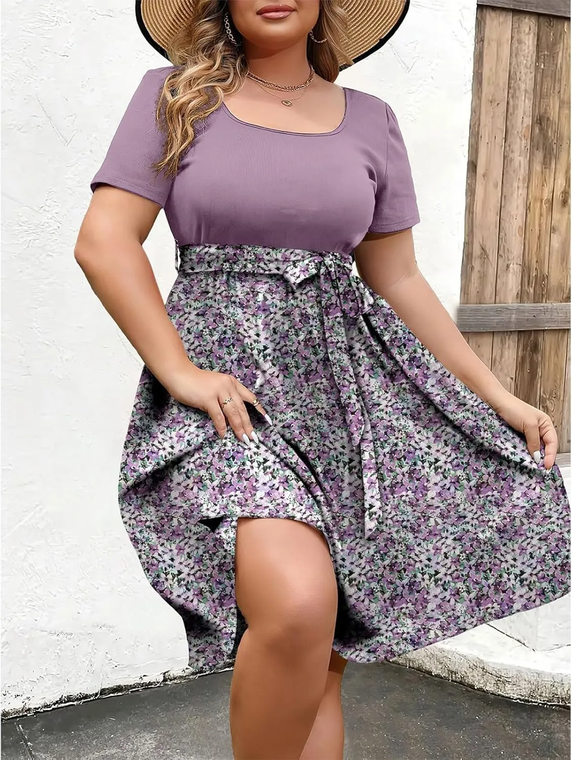 Plus Size Summer Dresses for Women Short Sleeve Empire Waist Semi Formal Floral Dress Midi Length Belted Sundresses
