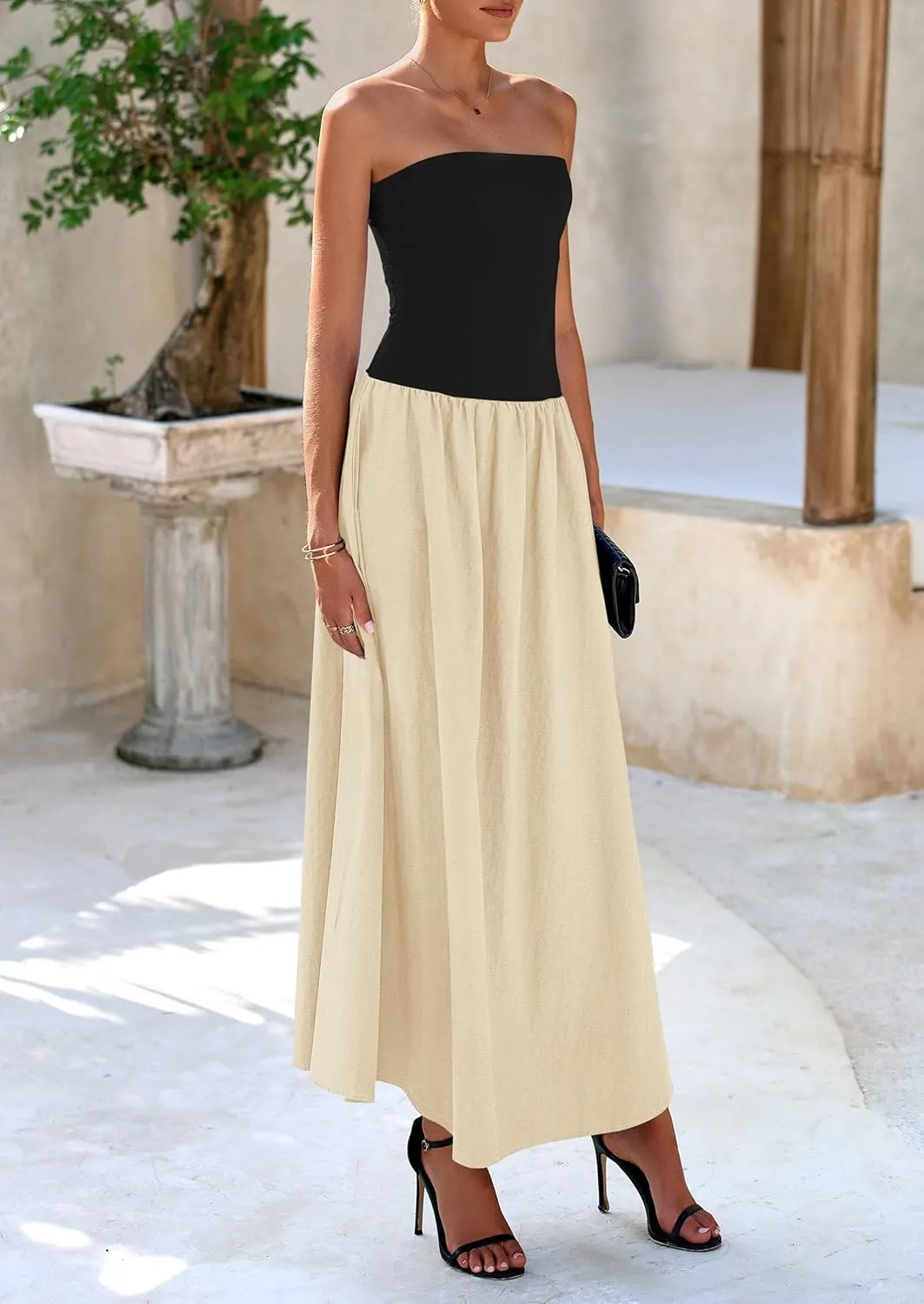 PRETTYGARDEN Women's 2025 Spring Strapless Maxi Dresses Patchwork Long Flowy Pockets Elegant Going Out Summer Tube Top Dress
