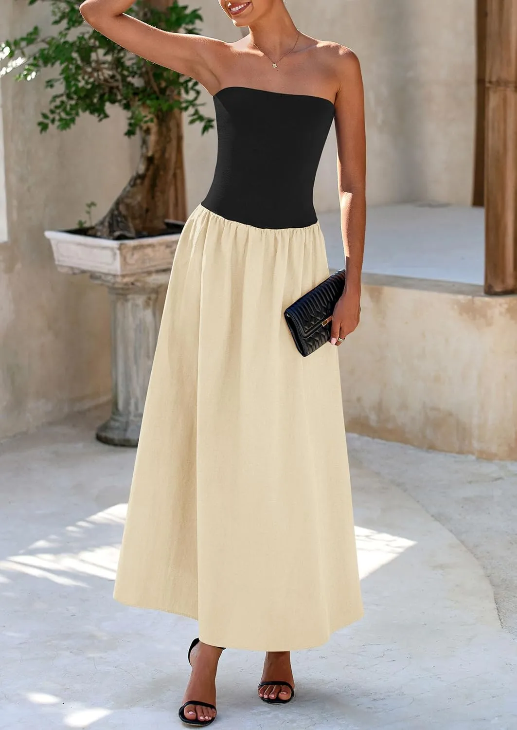 PRETTYGARDEN Women's 2025 Spring Strapless Maxi Dresses Patchwork Long Flowy Pockets Elegant Going Out Summer Tube Top Dress