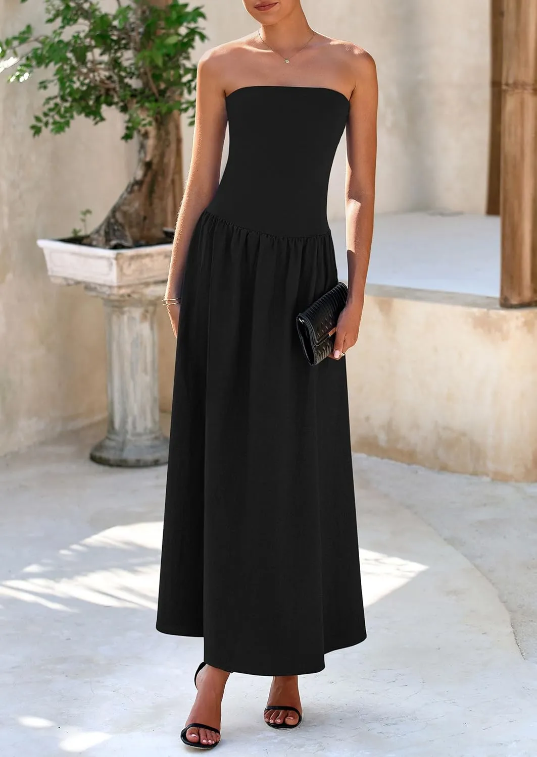 PRETTYGARDEN Women's 2025 Spring Strapless Maxi Dresses Patchwork Long Flowy Pockets Elegant Going Out Summer Tube Top Dress