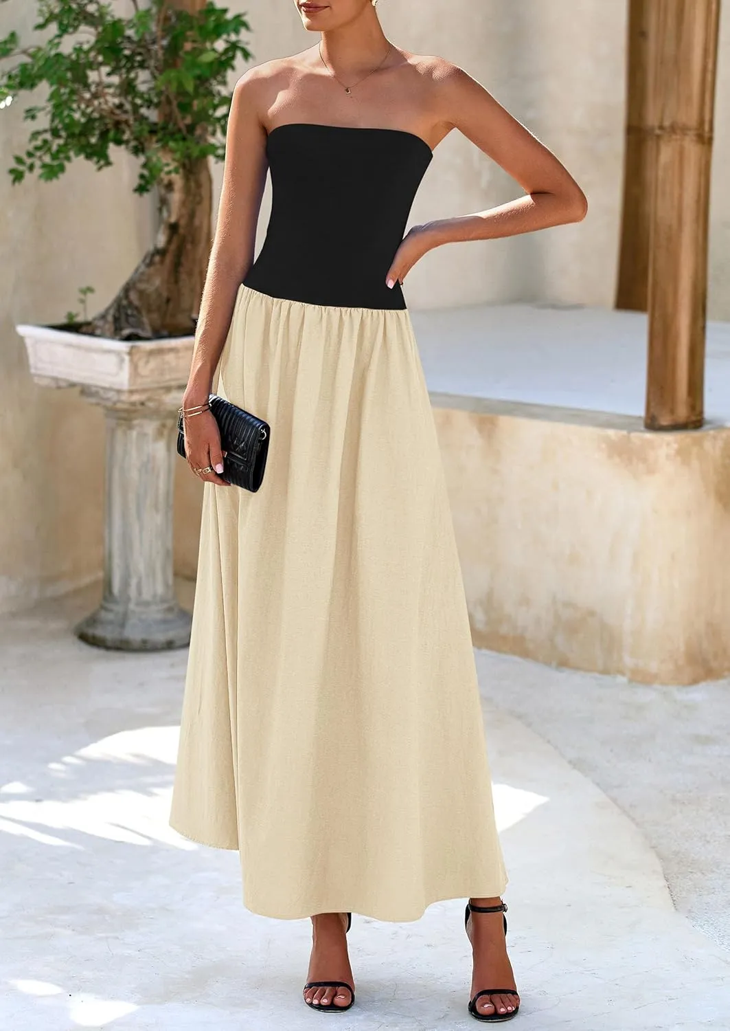 PRETTYGARDEN Women's 2025 Spring Strapless Maxi Dresses Patchwork Long Flowy Pockets Elegant Going Out Summer Tube Top Dress