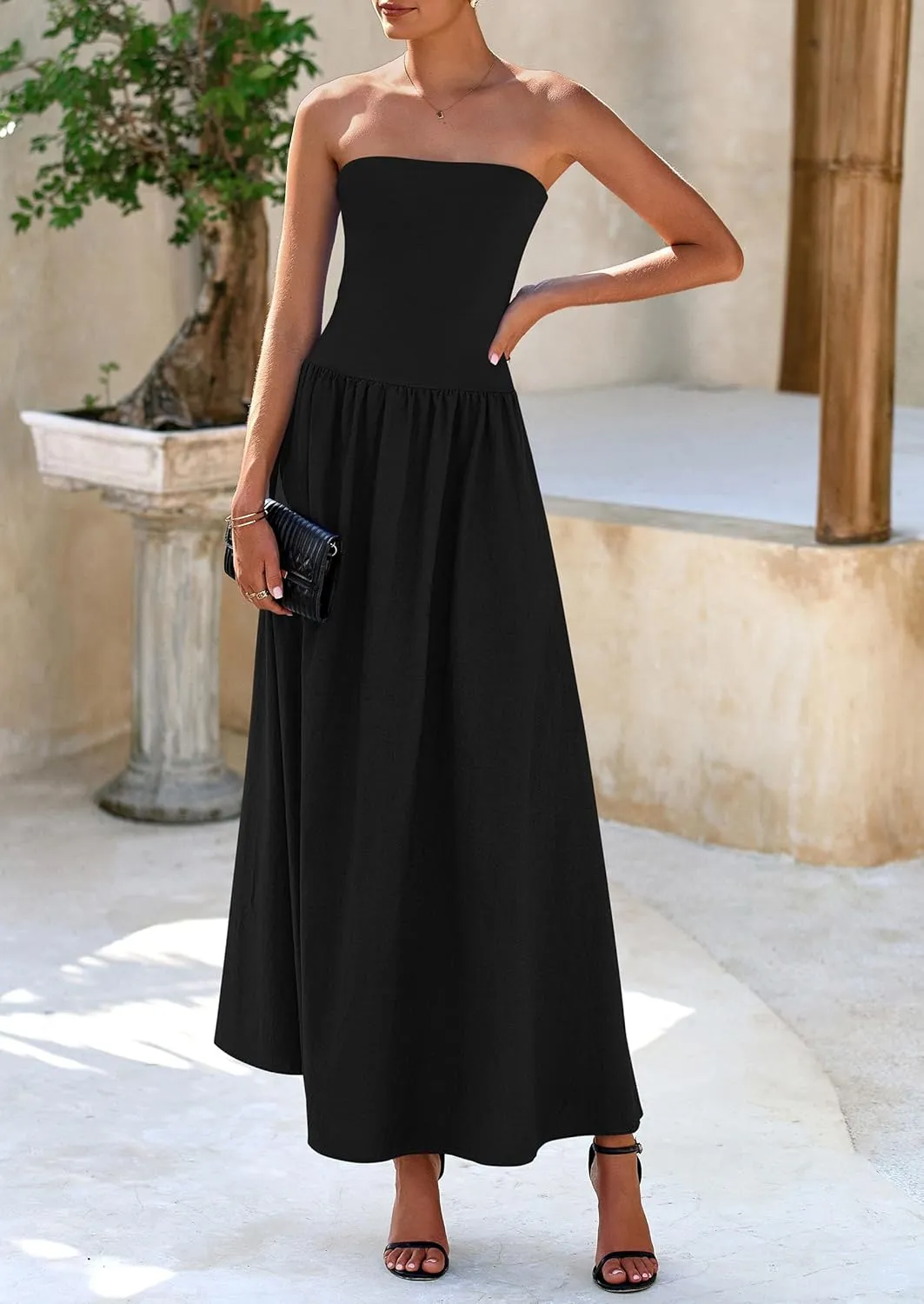 PRETTYGARDEN Women's 2025 Spring Strapless Maxi Dresses Patchwork Long Flowy Pockets Elegant Going Out Summer Tube Top Dress