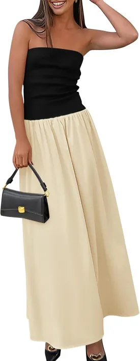 PRETTYGARDEN Women's 2025 Spring Strapless Maxi Dresses Patchwork Long Flowy Pockets Elegant Going Out Summer Tube Top Dress