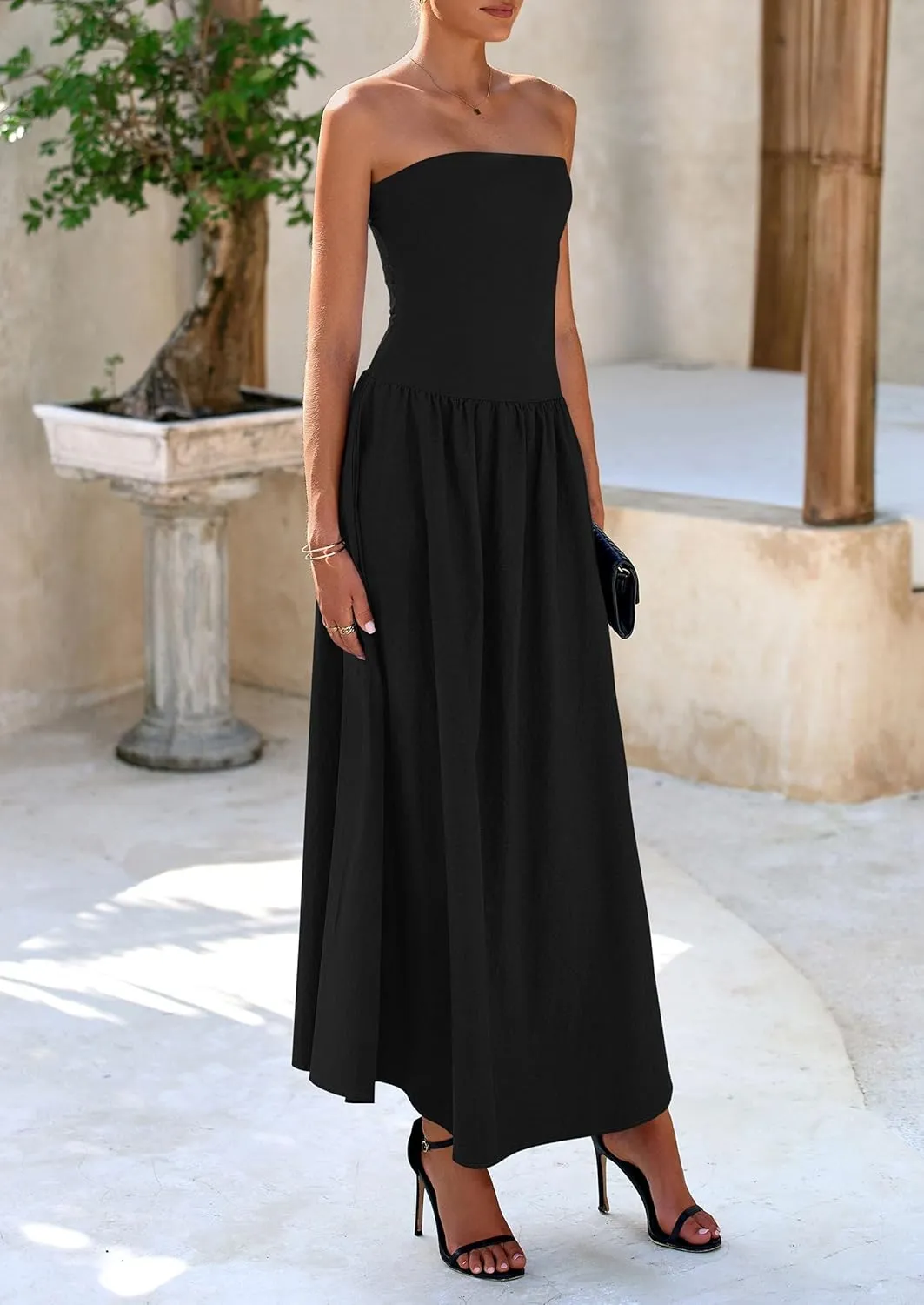 PRETTYGARDEN Women's 2025 Spring Strapless Maxi Dresses Patchwork Long Flowy Pockets Elegant Going Out Summer Tube Top Dress