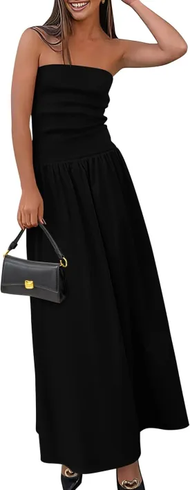 PRETTYGARDEN Women's 2025 Spring Strapless Maxi Dresses Patchwork Long Flowy Pockets Elegant Going Out Summer Tube Top Dress