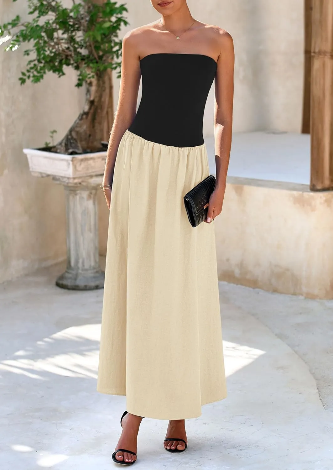 PRETTYGARDEN Women's 2025 Spring Strapless Maxi Dresses Patchwork Long Flowy Pockets Elegant Going Out Summer Tube Top Dress
