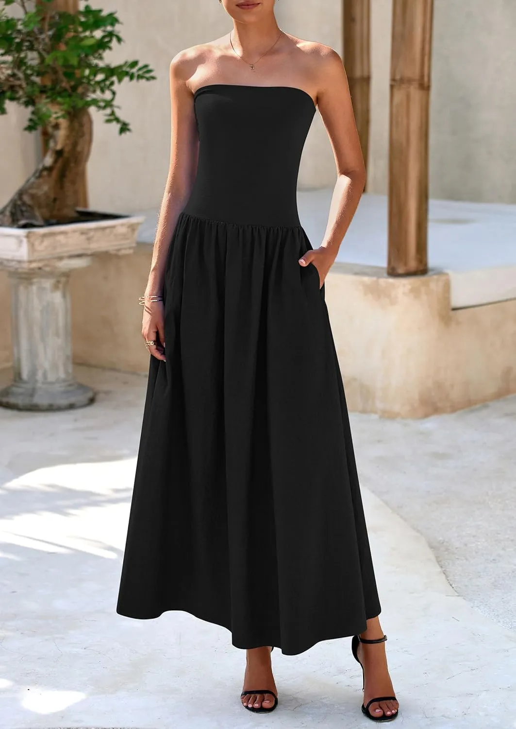PRETTYGARDEN Women's 2025 Spring Strapless Maxi Dresses Patchwork Long Flowy Pockets Elegant Going Out Summer Tube Top Dress