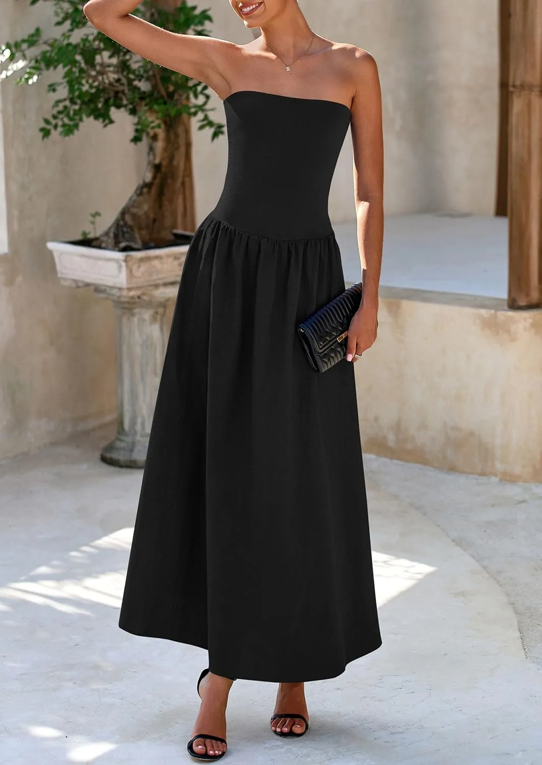 PRETTYGARDEN Women's 2025 Spring Strapless Maxi Dresses Patchwork Long Flowy Pockets Elegant Going Out Summer Tube Top Dress