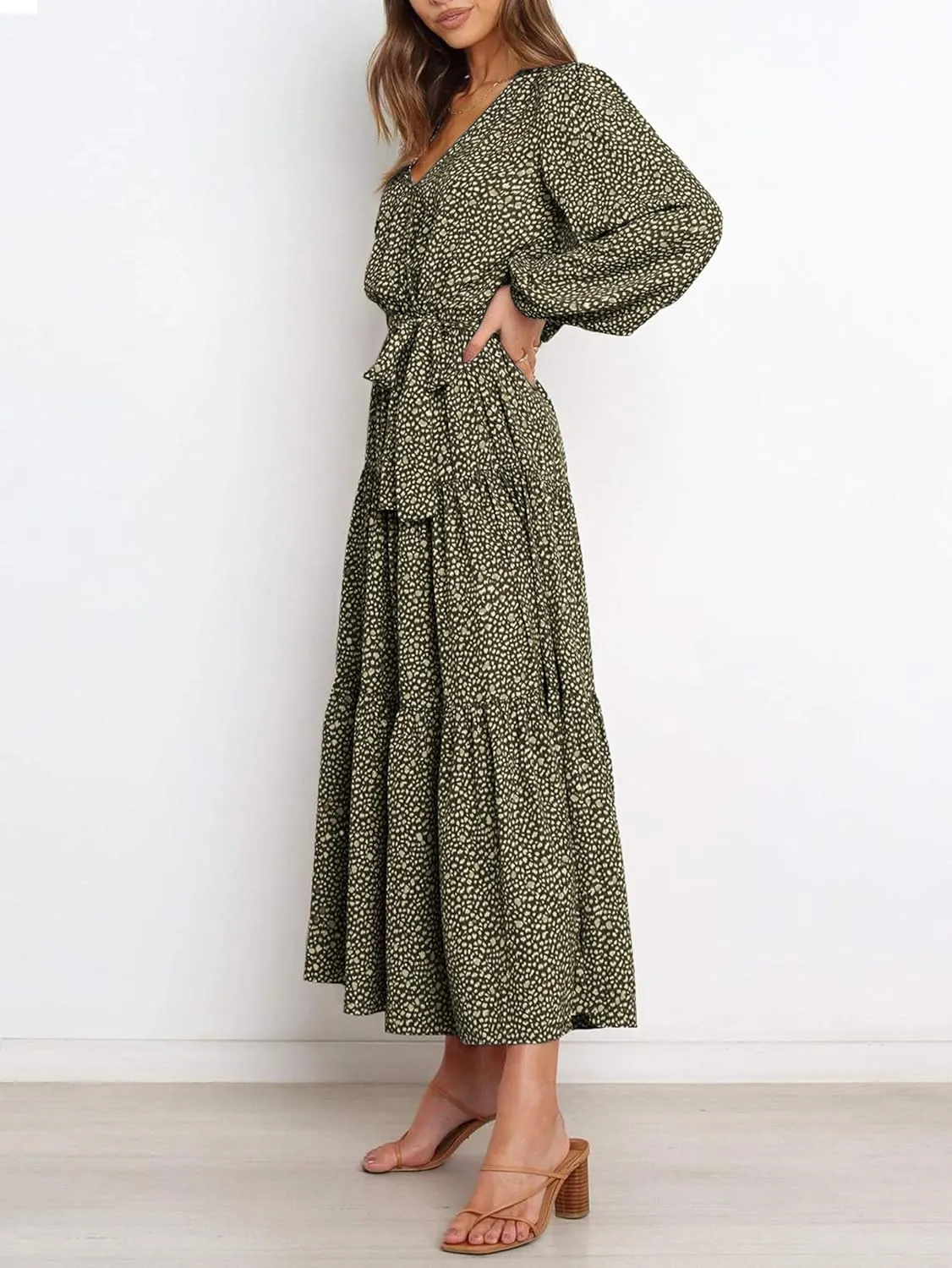 PRETTYGARDEN Womens Spring Long Sleeve Wrap V Neck Ruffle Floral Maxi Dress Casual Tie Waist Boho Chiffon Flowy Long Dresses