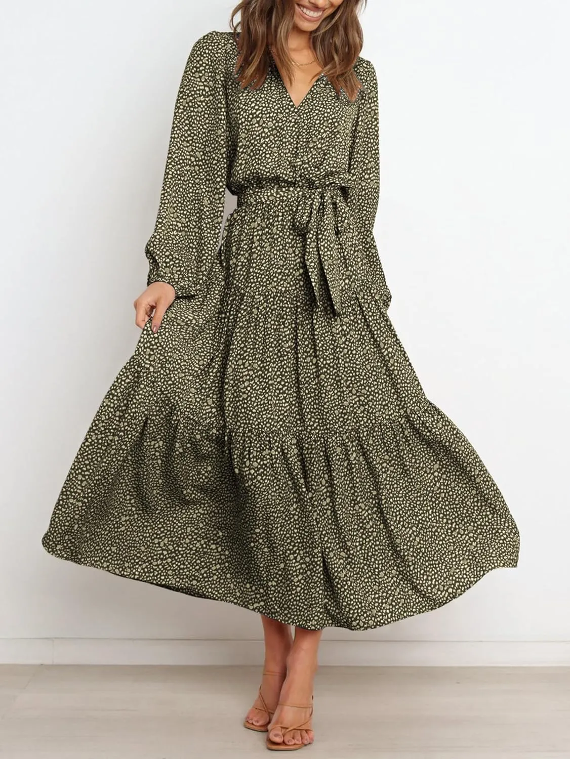 PRETTYGARDEN Womens Spring Long Sleeve Wrap V Neck Ruffle Floral Maxi Dress Casual Tie Waist Boho Chiffon Flowy Long Dresses
