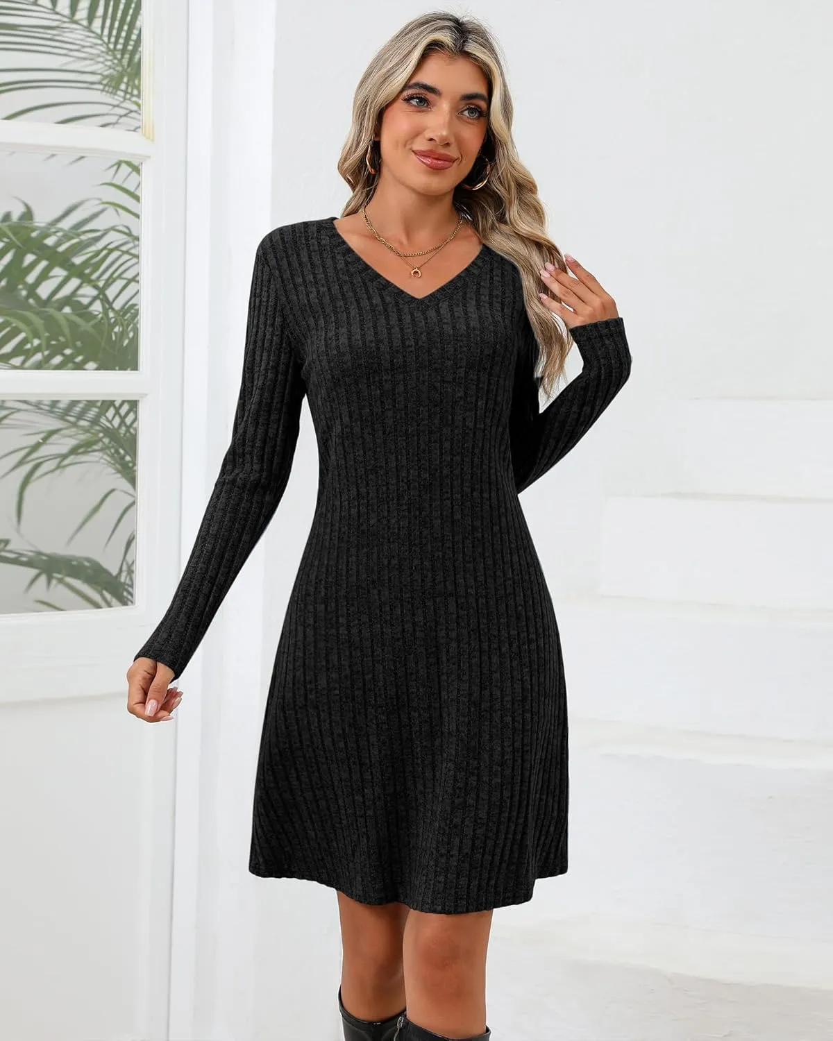 Riyiper 3 Pack Women's Long Sleeve Dresses, Knit V Neck Fall Winter Dresses Causal Loose Fit Sweater Tunic Dresses