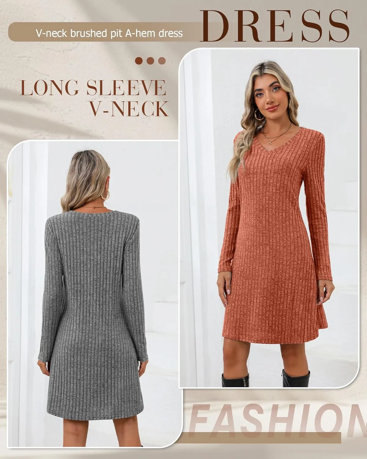 Riyiper 3 Pack Women's Long Sleeve Dresses, Knit V Neck Fall Winter Dresses Causal Loose Fit Sweater Tunic Dresses