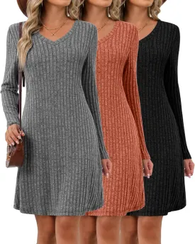 Riyiper 3 Pack Women's Long Sleeve Dresses, Knit V Neck Fall Winter Dresses Causal Loose Fit Sweater Tunic Dresses