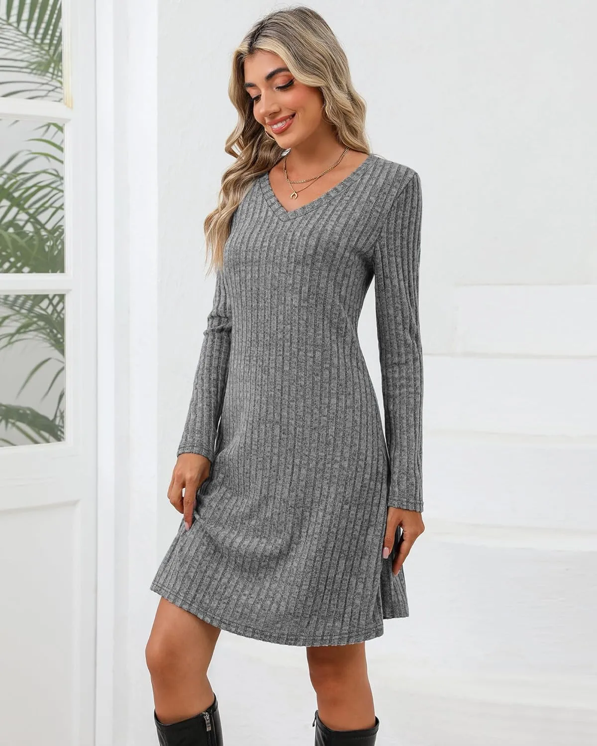 Riyiper 3 Pack Women's Long Sleeve Dresses, Knit V Neck Fall Winter Dresses Causal Loose Fit Sweater Tunic Dresses