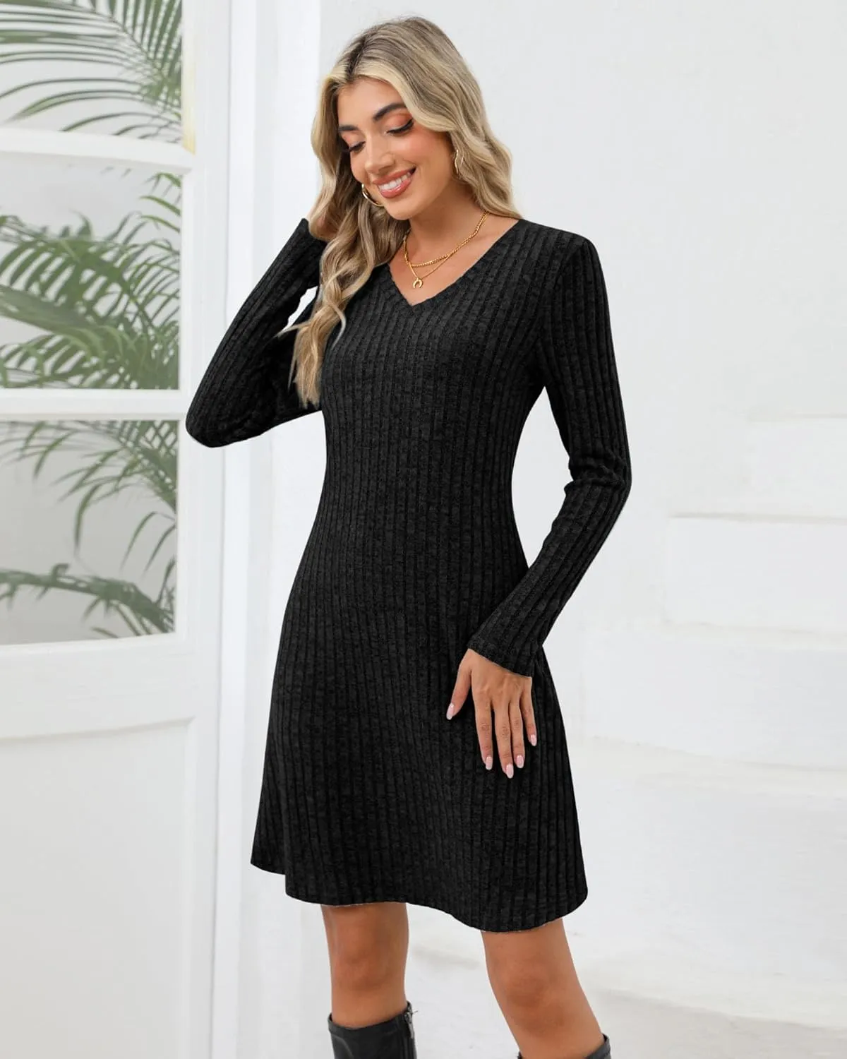 Riyiper 3 Pack Women's Long Sleeve Dresses, Knit V Neck Fall Winter Dresses Causal Loose Fit Sweater Tunic Dresses
