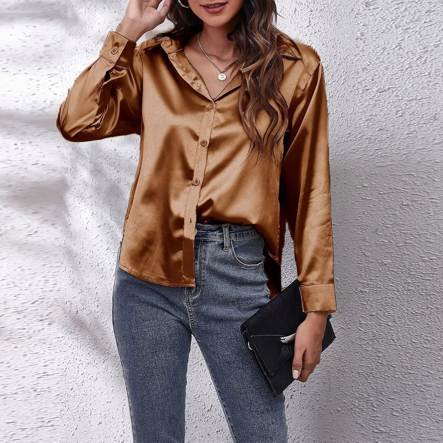 Satin Button Down Shirts for Women,Women's Silk Blouse Long Sleeve Lady Dressy Shirt Casual Office Work Blouses Tops