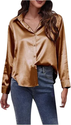 Satin Button Down Shirts for Women,Women's Silk Blouse Long Sleeve Lady Dressy Shirt Casual Office Work Blouses Tops