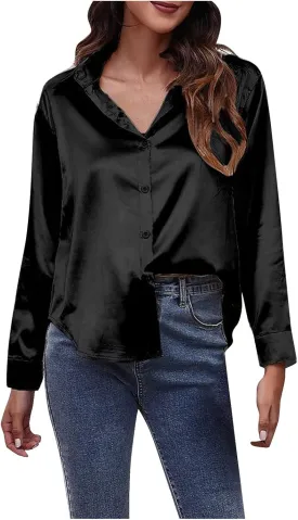 Satin Button Down Shirts for Women,Women's Silk Blouse Long Sleeve Lady Dressy Shirt Casual Office Work Blouses Tops