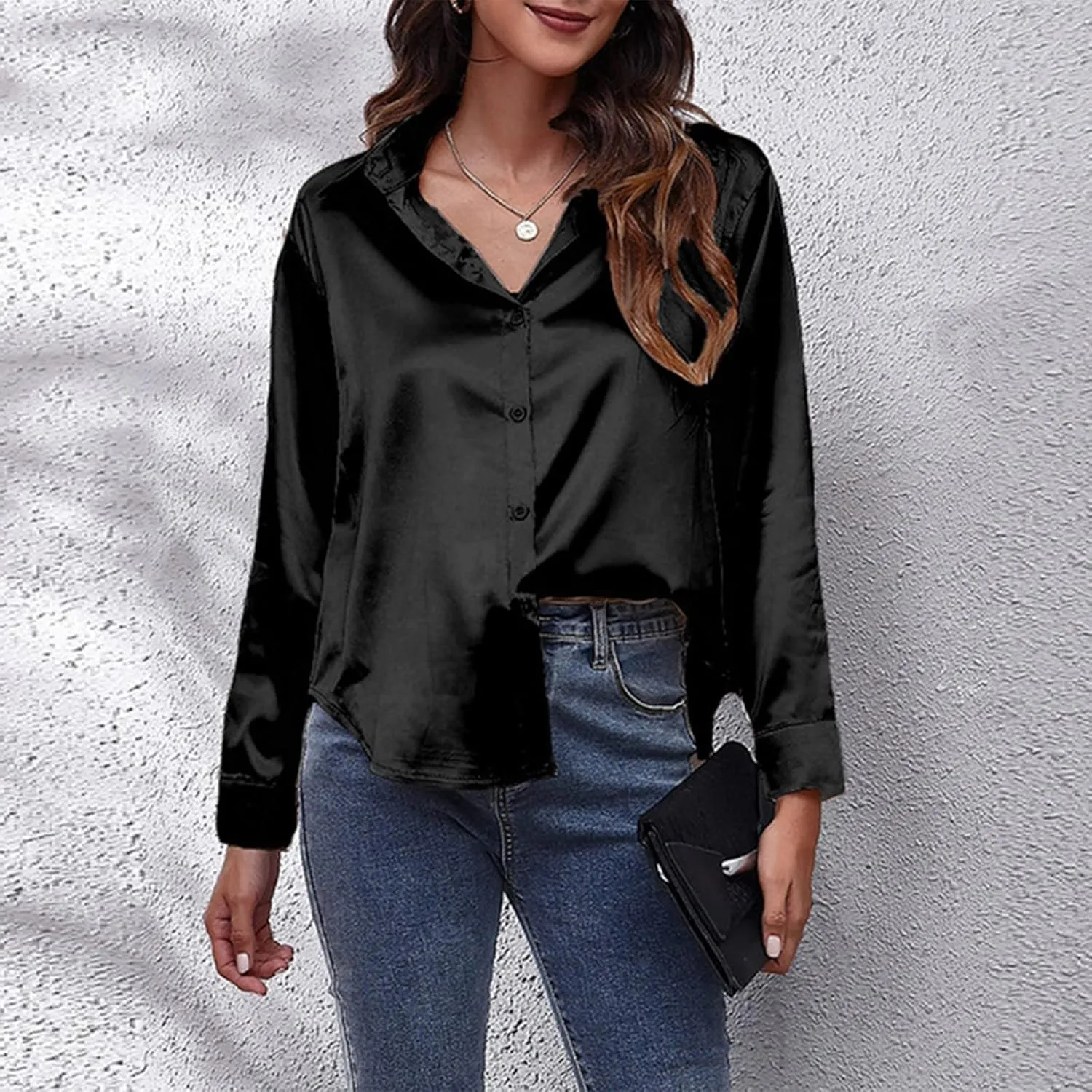 Satin Button Down Shirts for Women,Women's Silk Blouse Long Sleeve Lady Dressy Shirt Casual Office Work Blouses Tops
