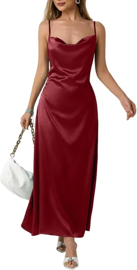 Satin Cocktail Dresses for Women 2025 Long Maxi Coctail Slip Dress Sleeveless Cowl Neck Adjustable Spaghetti Strap Dress