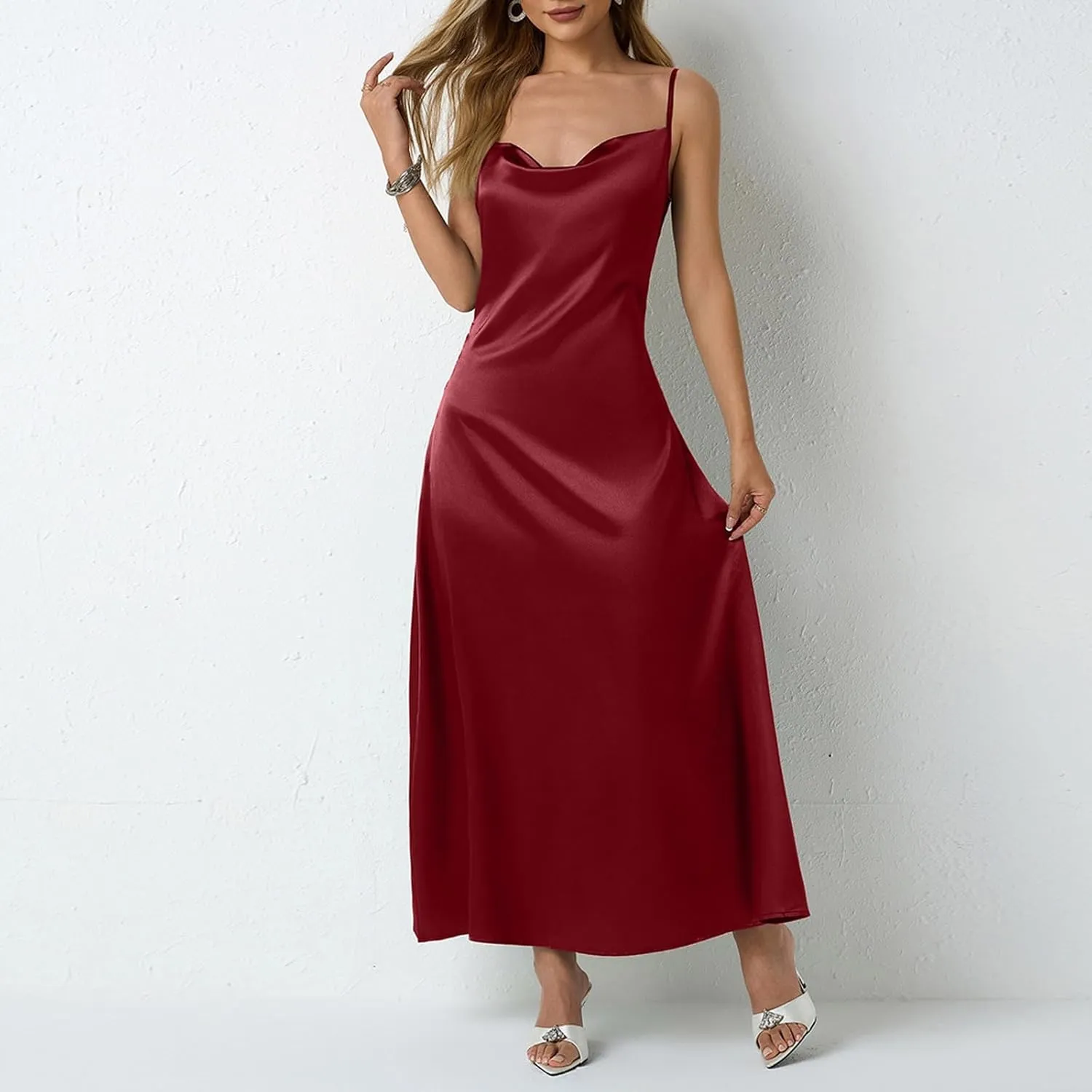 Satin Cocktail Dresses for Women 2025 Long Maxi Coctail Slip Dress Sleeveless Cowl Neck Adjustable Spaghetti Strap Dress