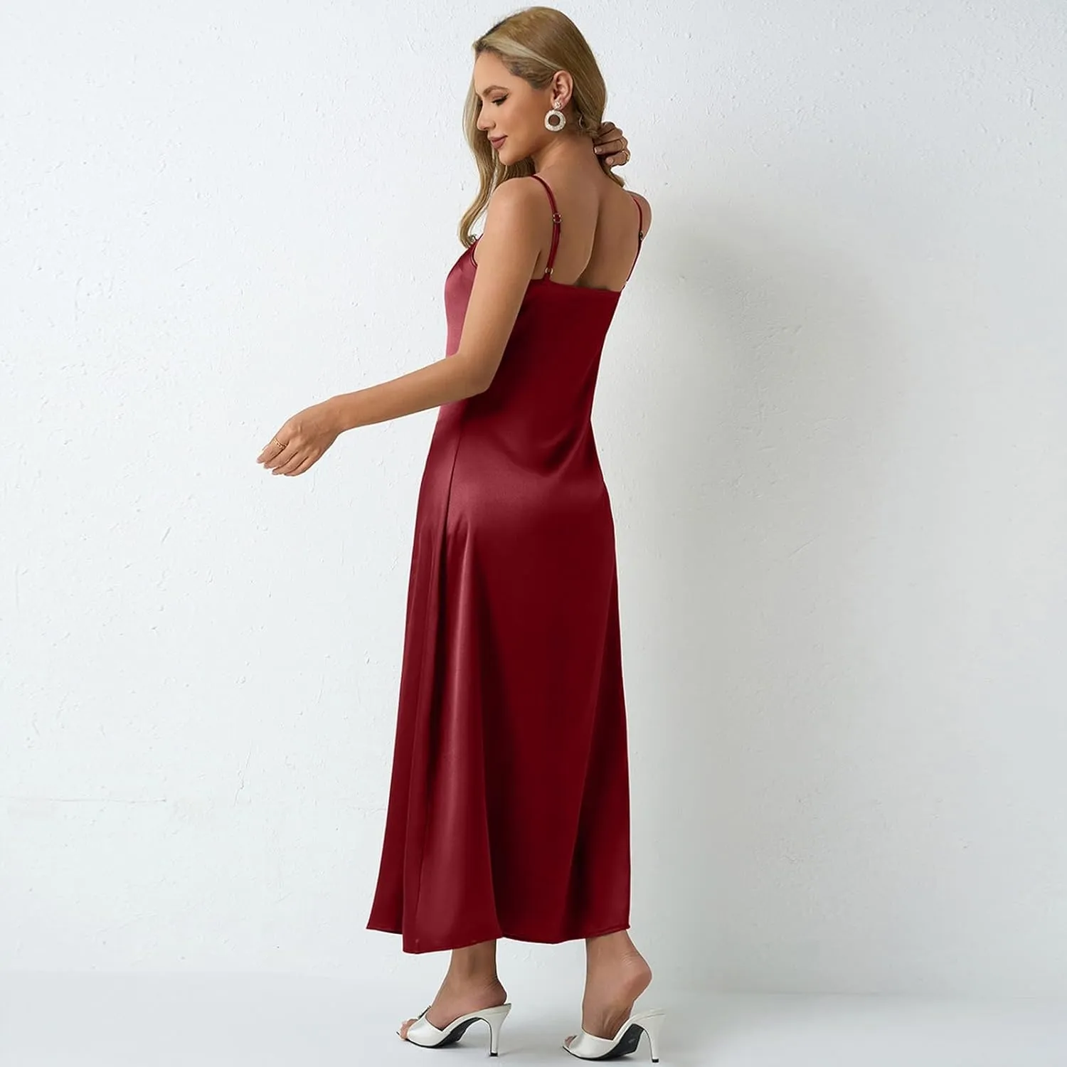 Satin Cocktail Dresses for Women 2025 Long Maxi Coctail Slip Dress Sleeveless Cowl Neck Adjustable Spaghetti Strap Dress